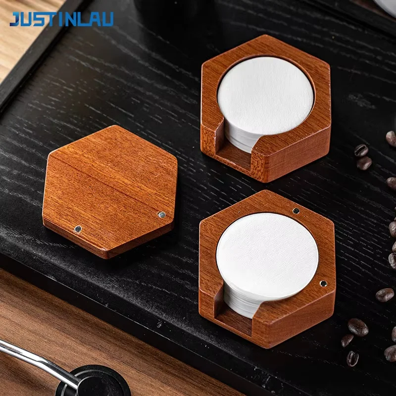 JUSTINLAU Round Espresso Filter Paper Storage Base 51/53/58mm Sapele Wood Container with Magnetic Lid Barista Coffee Accessories