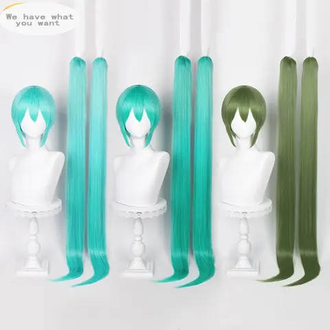 115cm Miku Cosplay Wig Anime Long Ponytails Short Hair Straight Wig Heat Resistant Synthetic Hair Role Play Wigs + Wig Cap