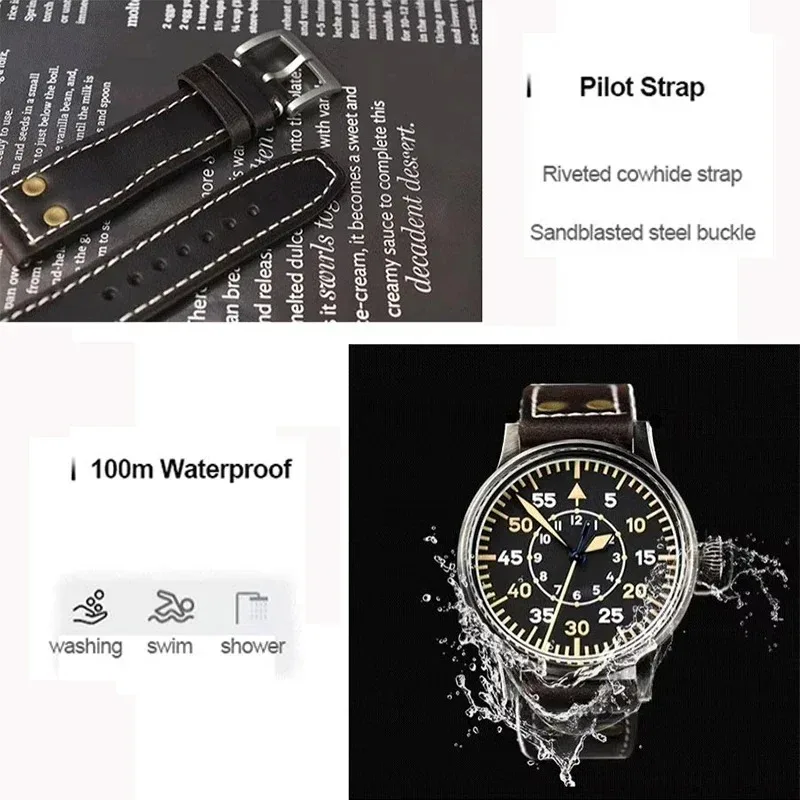 Hruodland Retro Pilot Watch 42mm PT5000/SW200 Stainless Steel Mechanical Watch Sapphire Lumminous 10ATM Men Classic Wristwatch