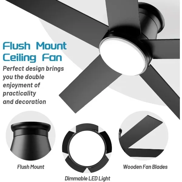 52'' Flush Mount Ceiling Fan, Black Low Profile Ceiling Fan, 6 Speeds DC Reversible Motor, Timing, Dimmable Ceiling Fan