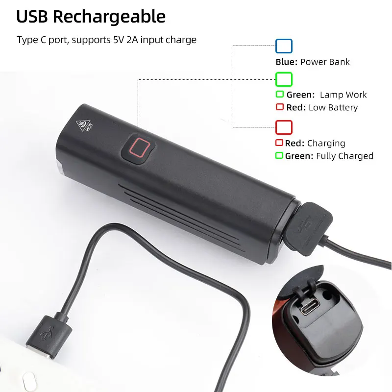 EOS520 Bicycle Headlight 4800mAH Power Bank 1000lms Aluminum Housing Side Red Light Type-C USB Charge Front Road Lighting