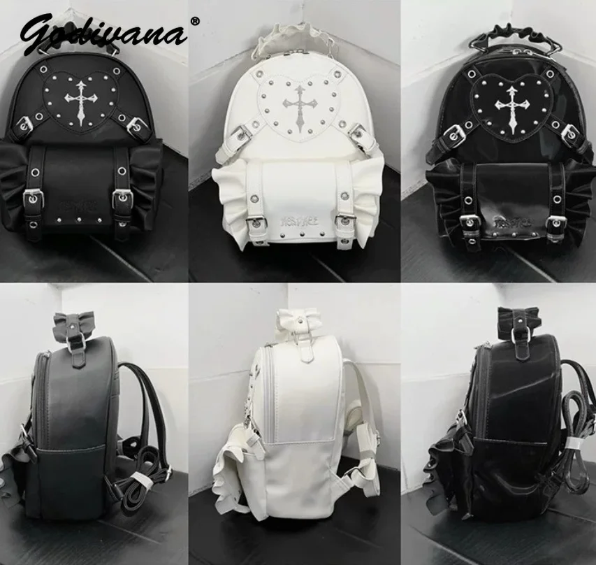 

Cool Punk Style Subculture Heart Cross Embroidery Rivet Black Leather Backpack Student Schoolbag Female Shoulder Bags