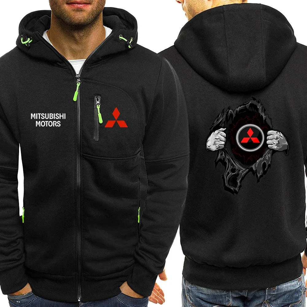 Men Motorcycle For Mitsubishi Training Gym Sportswear Zipper Hoodie Sports Hooded 2-piece Top With Pants Black Sweatshirts