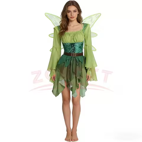 Women's Elf Medieval Green Fairy Dress Magical Elf Dress Belt with Wings Halloween Cosplay Costume Girls Fairy Tinker Bel Dress