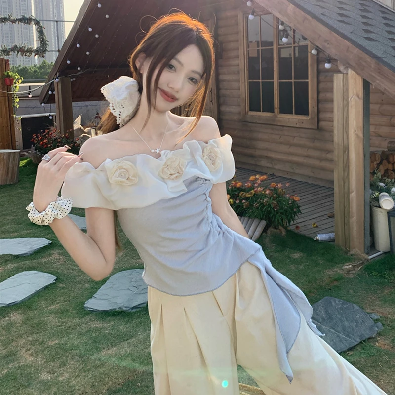 

French Sle Slim Fit Women's irt with 3D Flower Design One oulder ort Doll Top Anti-Wrinkle Regular Svel Summer