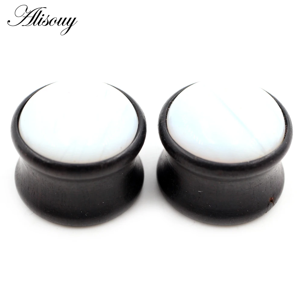 Alisouy 2PCS Natural Wood Opal Stone Flared Ear Plugs Tunnels Flesh Stretcher Guages Earrings Expander Piercing Body Jewelry