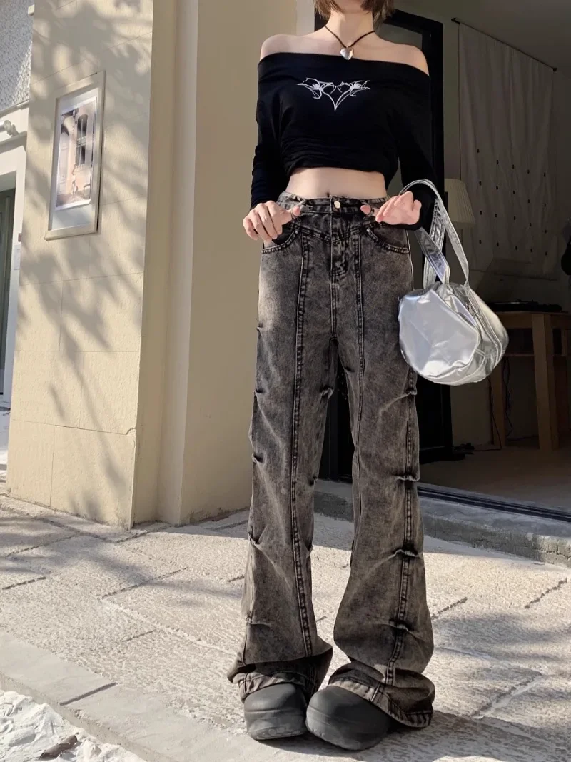 Fairycore Grunge Punk Pleated Micro-trumpet Denim Pants Vintage High Waist Straight Trousers 2024 New All-match Casual Y2k Heans