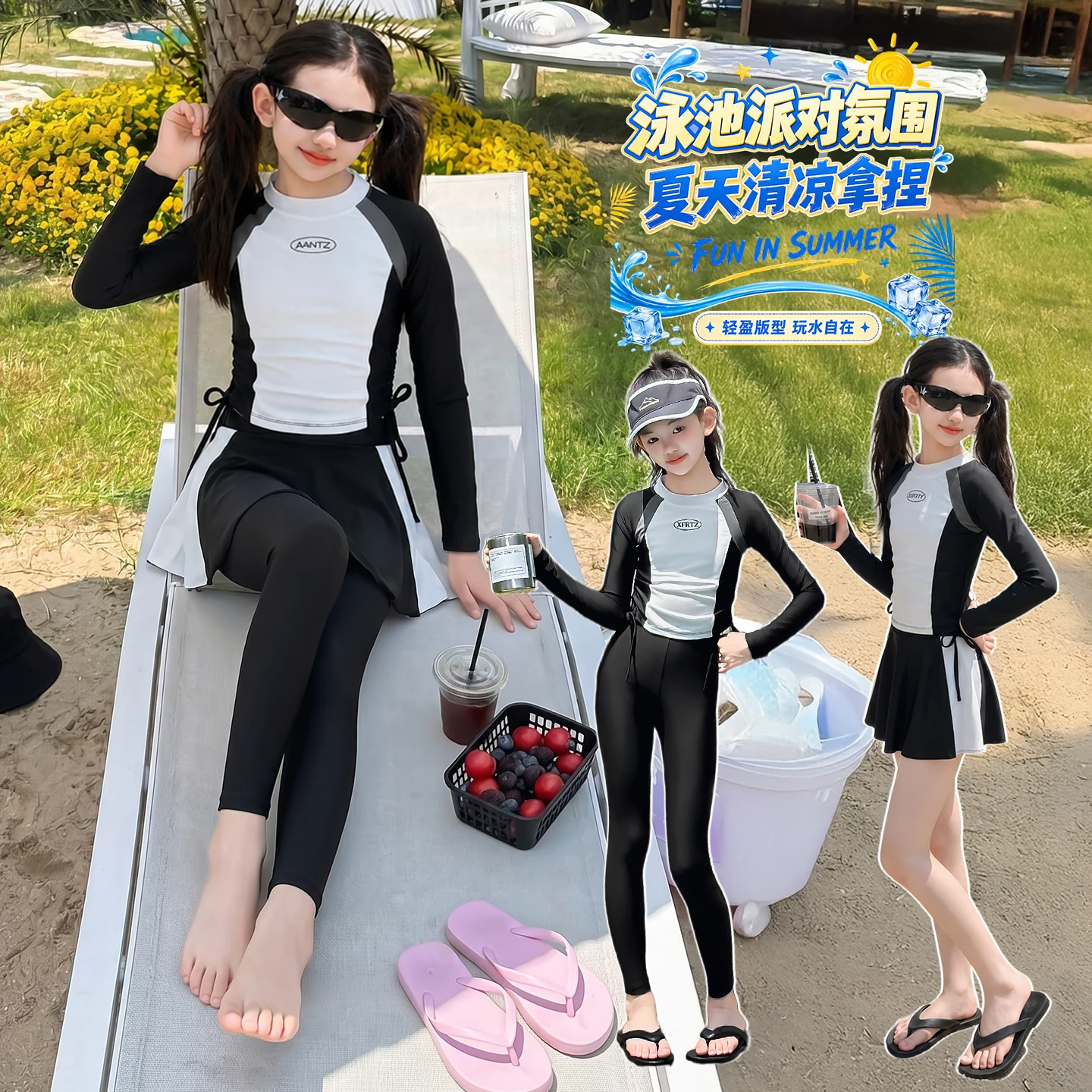 Sporty Girls 3-Pieces Swimsuit Set Long Sleeve Rash Guard Top + Swim Trunks Toddler Vocation Slim Bathing Suit Ages 4-14 Years