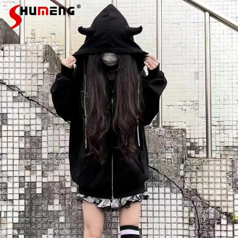 Gothic Original Design Aesthetic Print Loose Black Hooded Sweater Female Harajuku Streetwear Fashion Hot Girl Cardigan Jacket