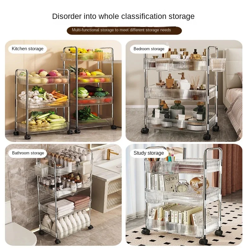 2/3 Tiers Rolling Cart Storage Shelf Transparent Acrylic Trolley with Wheels Multi-Layer Mobile Storage Rack Storage Cart