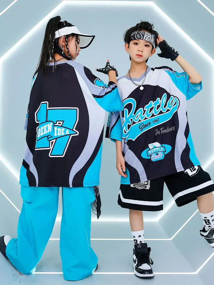 Vêtements Hip Hop pour enfants, veste bleue sans manches, haut, poches décontractées, pantalon Cargo froncé pour filles et garçons, Costume de danse Jazz