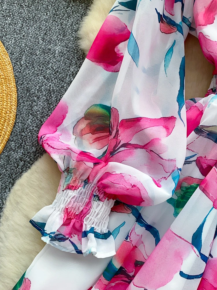 Vestido de primavera y verano para mujer, estilo de vacaciones en la playa, cuello en V, estampado Floral, mangas acampanadas, botón, hongo, mini vestidos cortos DS265