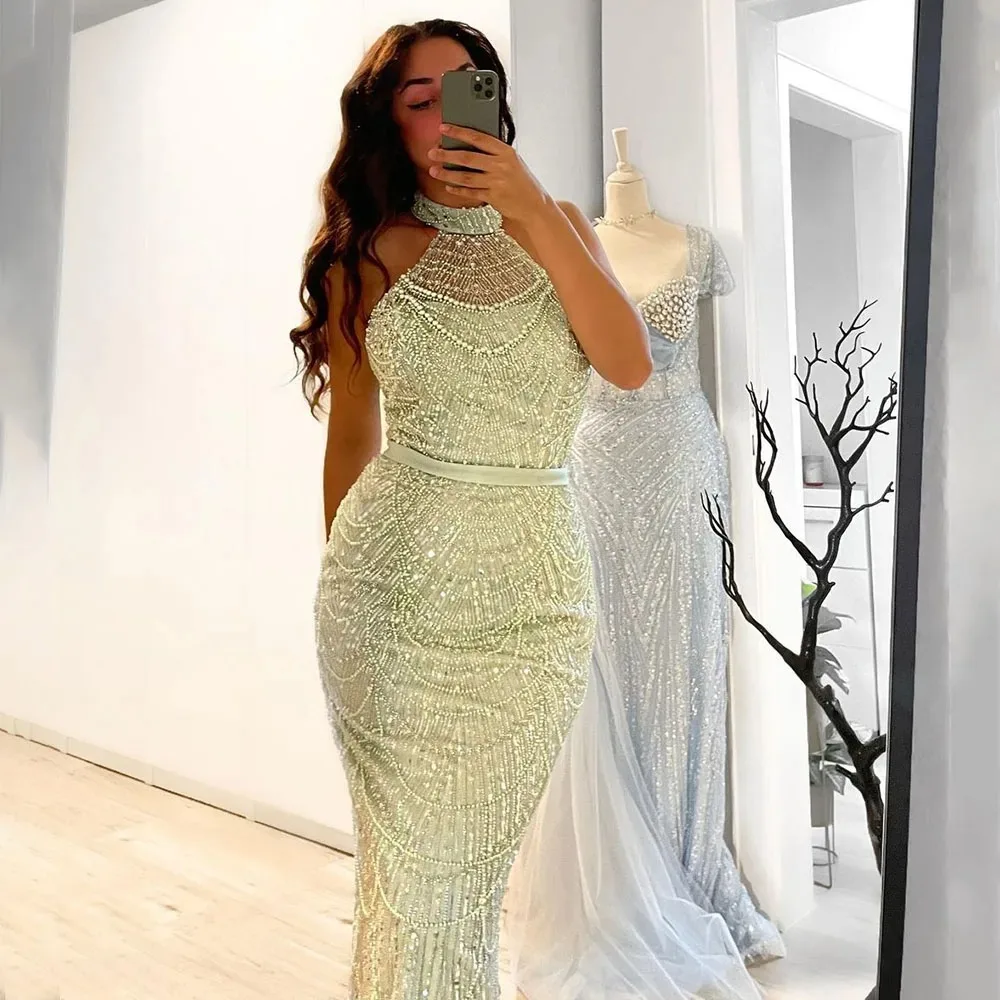 13 Color Luxuriou Rhinestone Dubai Mermaid Halter Party Gown With Gloves 2024 Embroidered Beaded Pearl Crystal Evening Dress