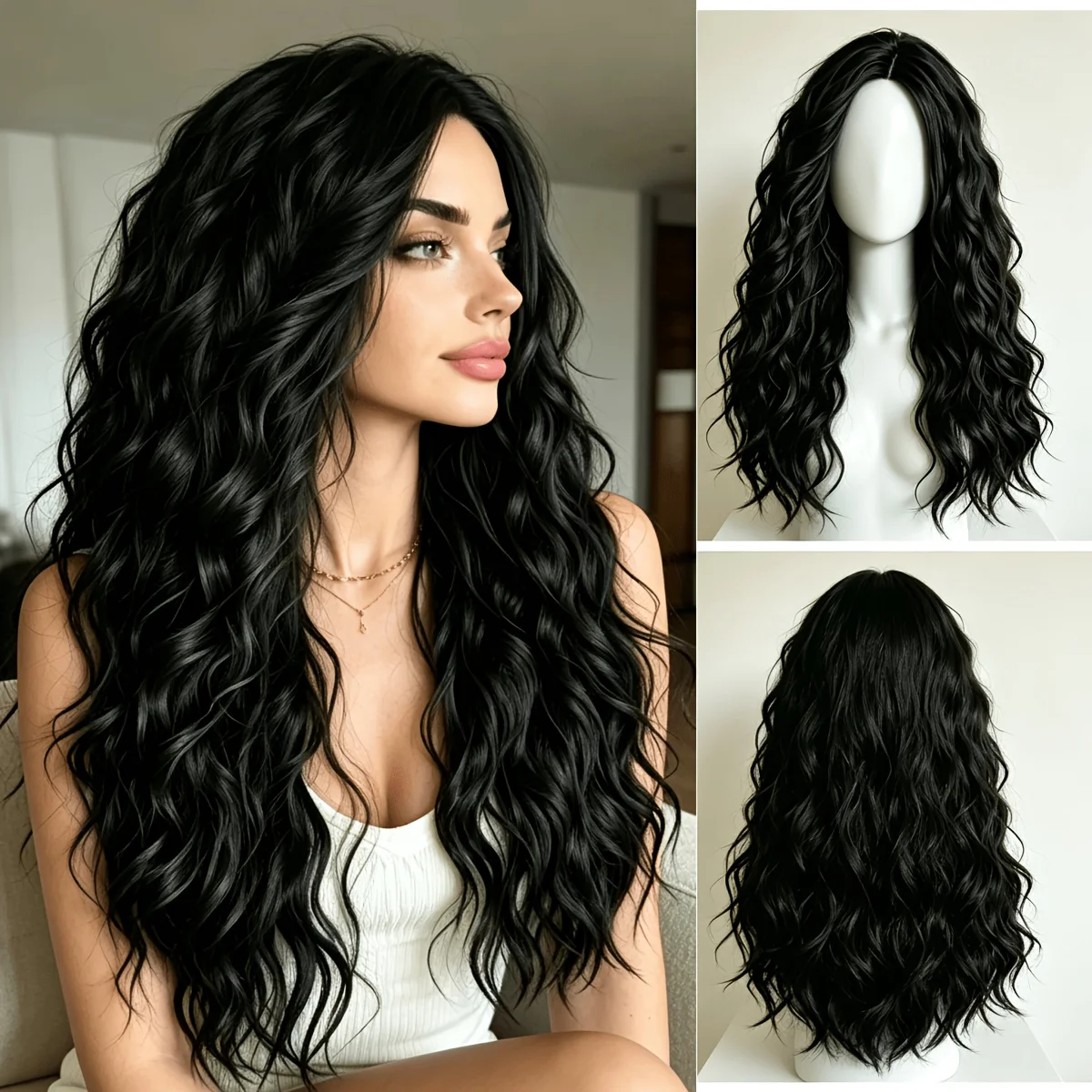 26-Inch medium black cornwater ripple long curly hair women's synthetic wig, fluffy heat-resistant silk wig