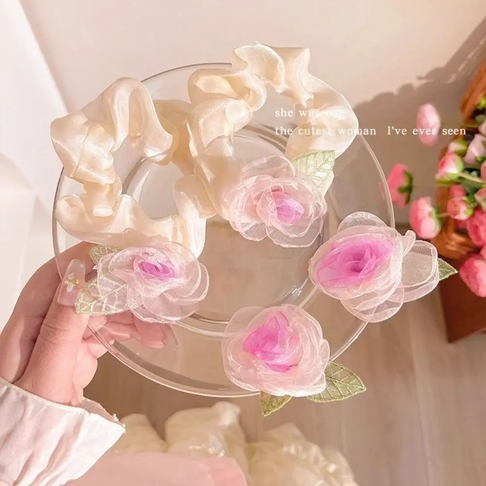 Yarn Rose Flower Hair Ring Hair Accessories Flower Shape Mesh Yarn Hair Rope High Elasticity Hairpin Hair Scrunchies Women