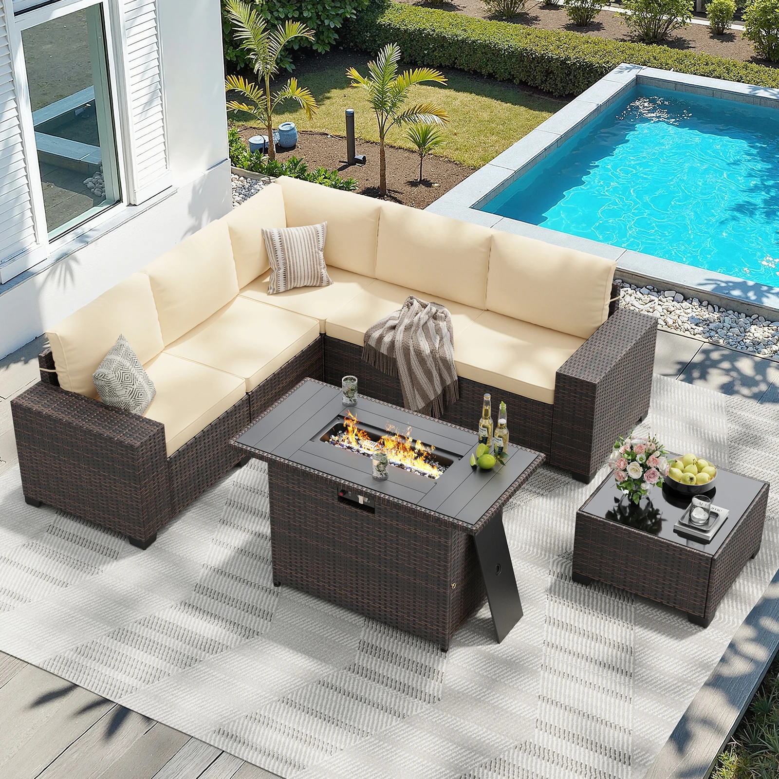 

7 Piece Patio Furniture Set with 44" Fire Pit Table, Outdoor Sectional Rattan Conversation Set for Garden, Porch, Backyard