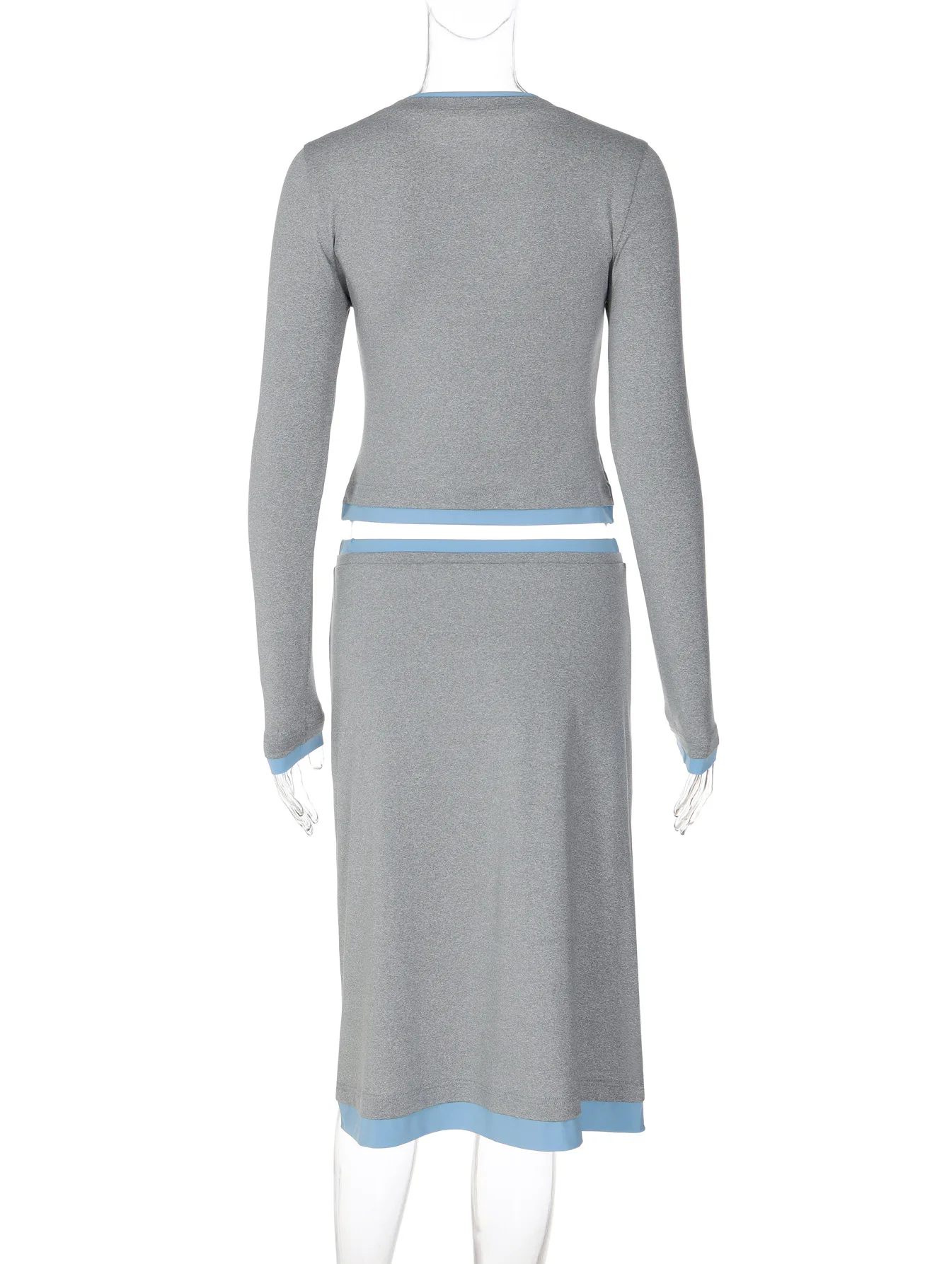 New Women's Two-piece Dress With Contrasting Color Trim Long Sleeved Cut Top High Waisted Drawstring Tight Skirt Daily Clothing view 6
