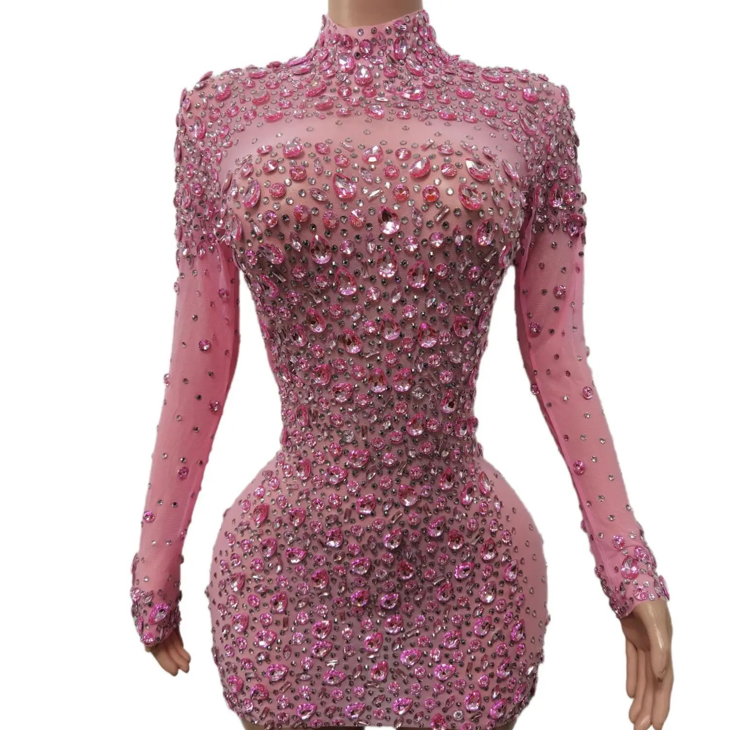 Sexy Tanz Rosa Kleid Leistung Sparkly Rosa Strass Kleid Frauen Abend Geburtstag Feiern Party Outfit 2024 Cuixing