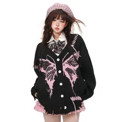 Abito gotico modello farfalla Cardigan lavorato a maglia nero e rosa donna American Retro Design Trendy Brand maglione oversize Mujer