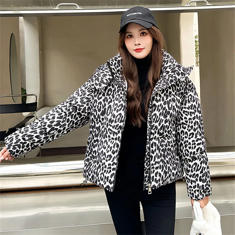 Leopard Print Loose Women Cotton Coat Winter Warm Stand Collar Zipper Quilted Padded Jacket Crop Top Y2K Parkas Female Clothes