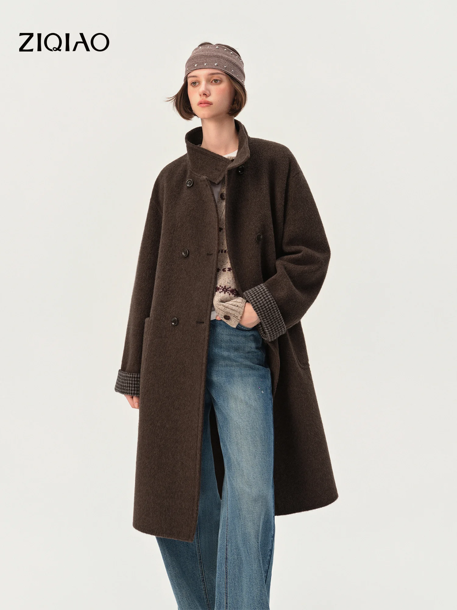 ZIQIAO Women 2026 Winter New British Style Stand‑Collar Double‑Breasted Coat Warm Wool Camel Blend Woolen Overcoat Daily Commute