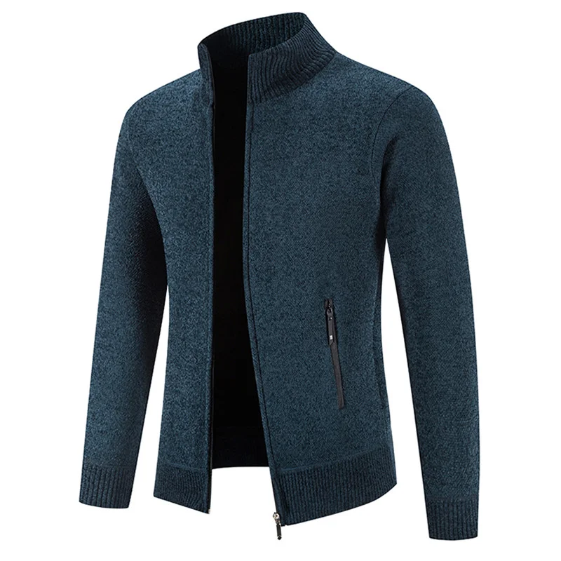 Cárdigan de punto para hombre, suéter cálido de lana con cuello levantado, cremallera y bolsillo, ropa de otoño e invierno