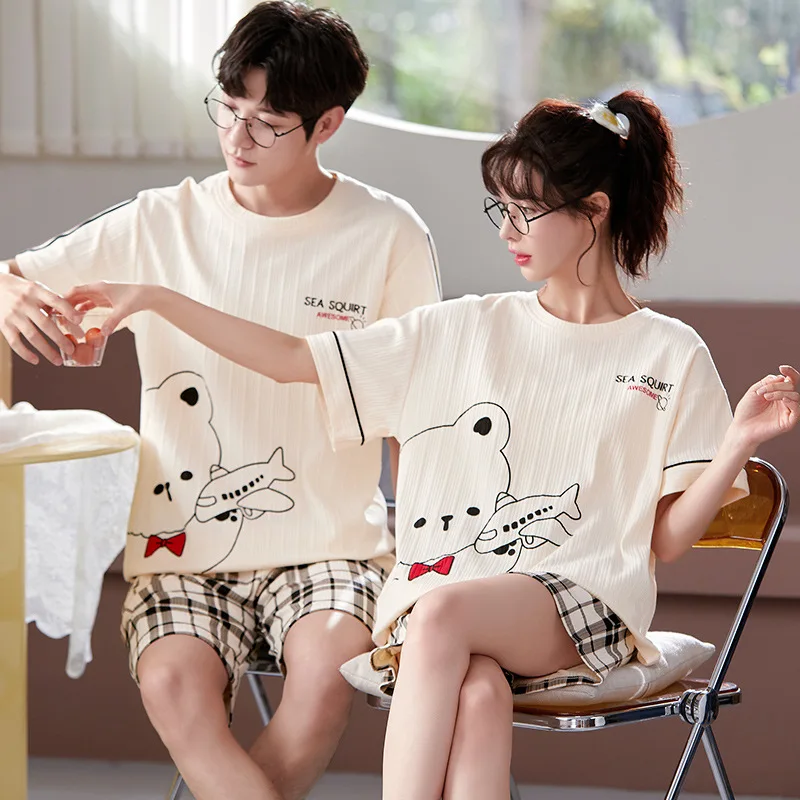 Summer Couple Pajamas Set New Green Little Dinosaur Loose Cotton Nightwear Mujer Casual Home Suit Sweet Sleepwear For Women Men