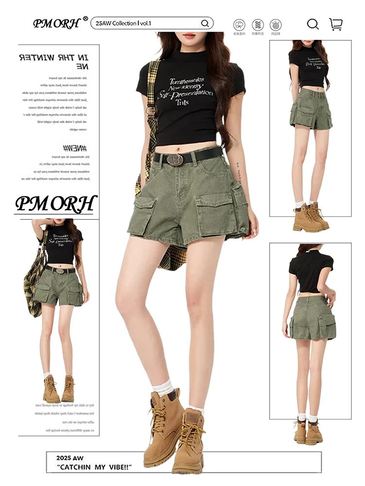 High Waist American Style Denim Shorts Women's Multi Pocket Military Green Slim A-Line Hot Pants Casual Wide Leg Jeans