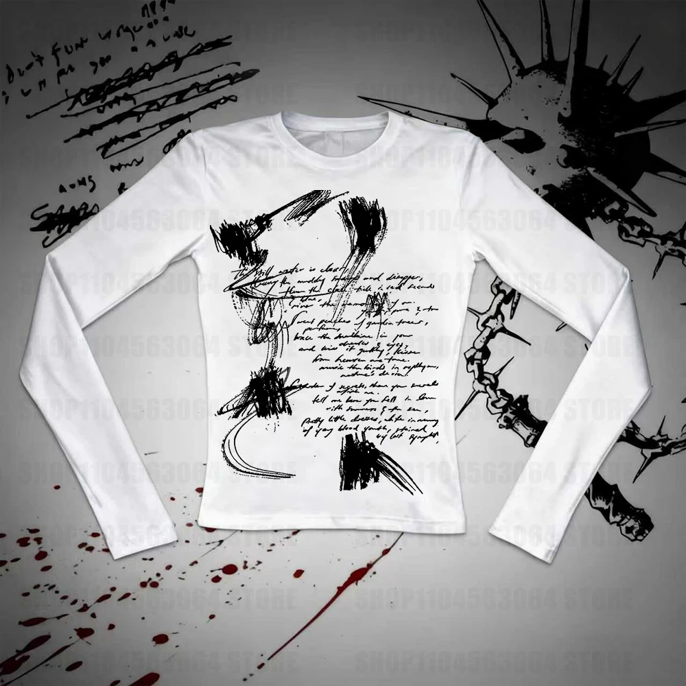 New round neck design long sleeved T-shirt beautiful and sexy girl slim fit top subculture sexy Y2k printed top