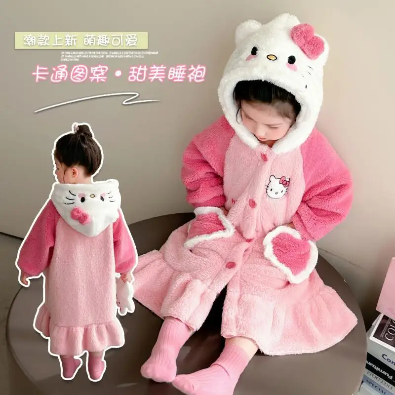 

Children's Nightgown Autumn Winter Sanrio Hello Kitty New Thickened Flannel Cute Long Bathrobe Cartoon Girl Warm Home Clothes