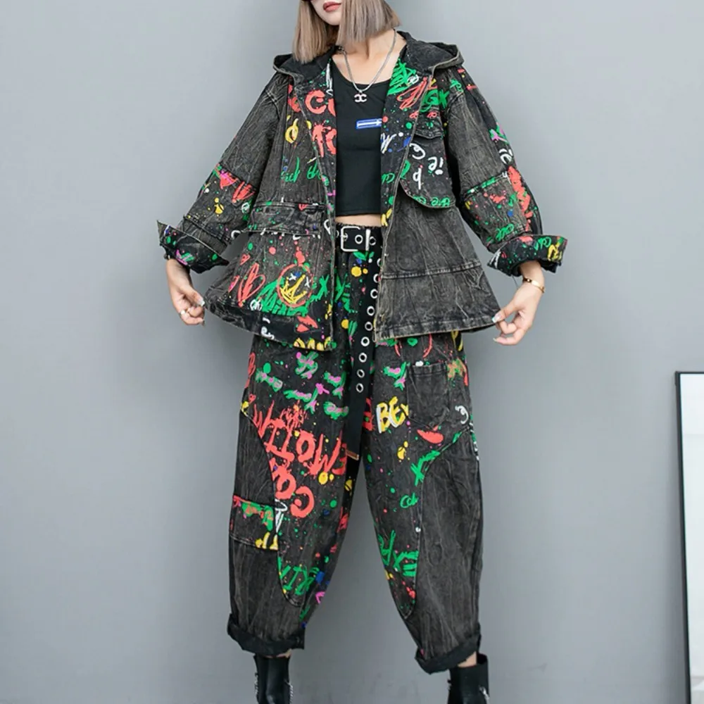 

Personalized Cool Printed Denim Pant Set Women 2024 Spring Autumn New Loose Long Sleeve Coat + Harem Pants Two Piece Set LX816