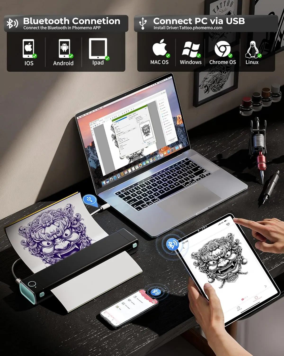 Phomemo M08F Portable A4 Thermal Printer Wireless Temporary Tattoo Printer Machine For Small Business And Tattoo Arts