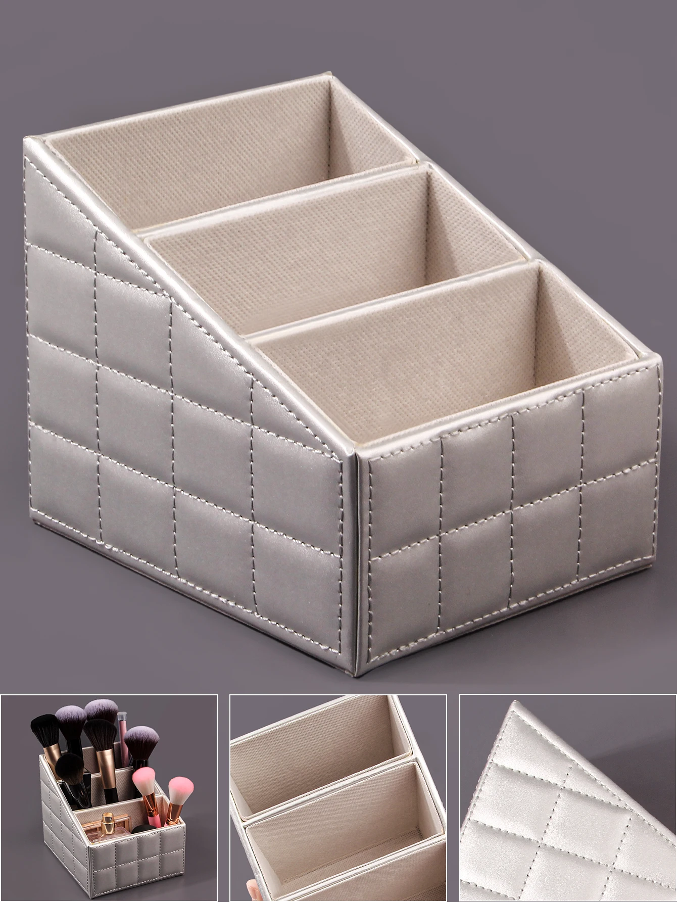 Large capacity PU makeup brush storage box High-end dresser Office stationery storage box stepped three-layer storage tools