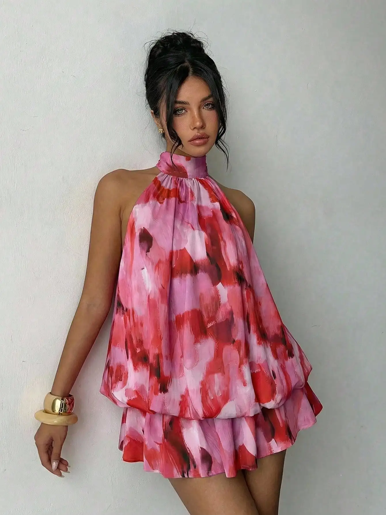 

Women's Pink Brushstroke Halter Neck Tiered Mini Dress for Summer Party