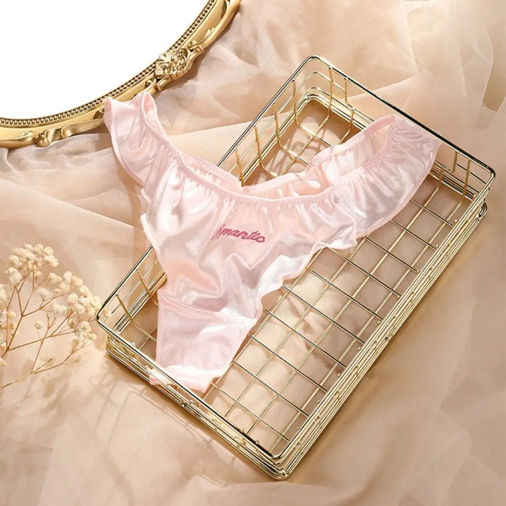 

Kawaii Letter Satin Silk Ruffle Thong Seamless Embroidery Ice Silk Panties Traceless Female Lingerie Briefs for Women Lady