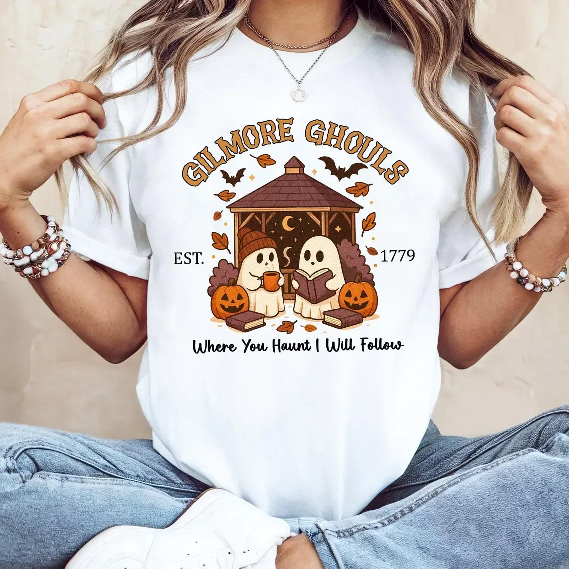 قميص قراءة شبح مخيف، تي شيرت قطة سوداء للهالوين، قميص يقطين مكتبة مريح، تي شيرت جمالي للخريف، هدية لمحبي الكتب الساحرة