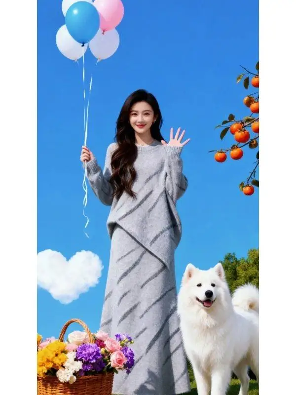 

Lazy Sle Women's Striped round Ne Top And f Skirt Set Spring New Arrival Faionable Two-Piece Suit Korean Sle Cotton