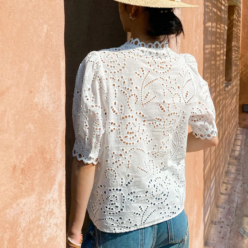 Francia elegante camisa elegante blusa verano bordado blanco 100% algodón ahueca hacia fuera Sexy manga larga mujeres vacaciones señoras Tops nuevo