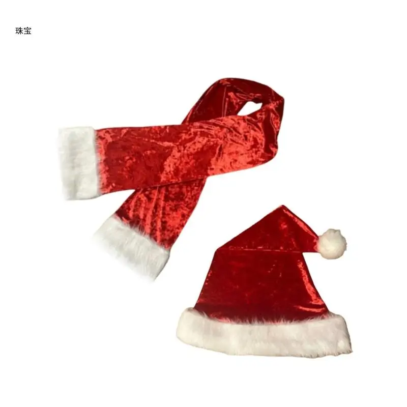 

X5QE Soft Velvets Santa Hat and Scarf Set Unisex Christmas Hat Festives Holiday Scarf