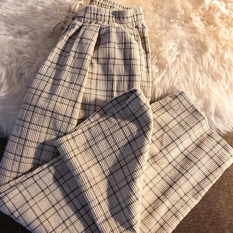 Japanese Corduroy Plaid Pants Women Autumn Thin Loose Casual Wide Leg Straight Trousers Streetwear Fashion All Match New Pants