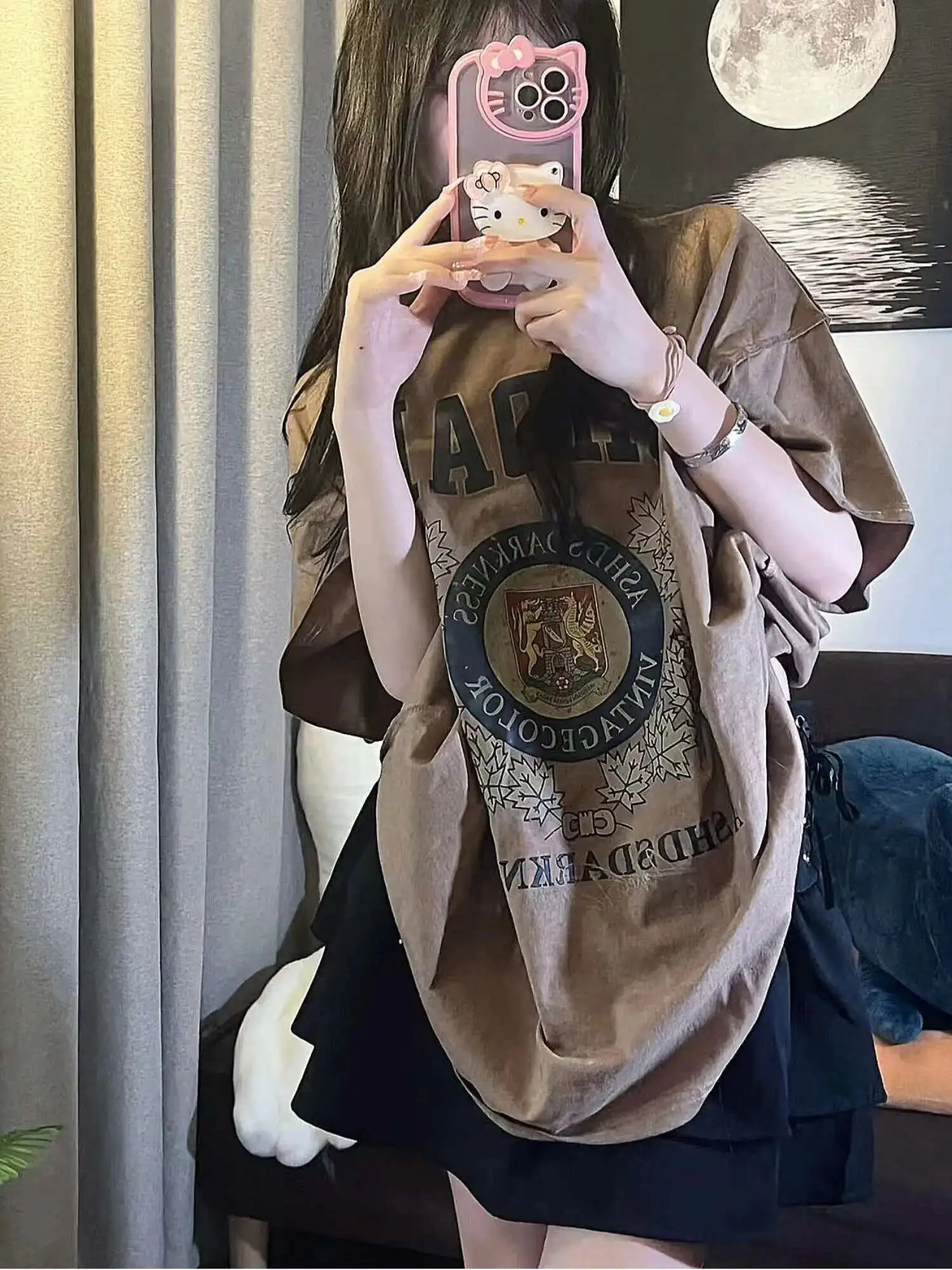 man women T-shirt 2025 Street American Oldschool Vintage Washed Badge Industrial Style Short sleeved T-shirt Women's Ins