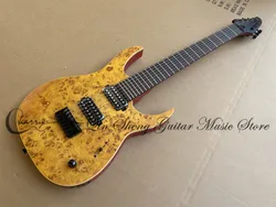 7 Strings Yellow Electric Guitar Brown Red Body Burl Maple Top Rosewood Fingerboard 24 Frets Locked Tuners factory custom