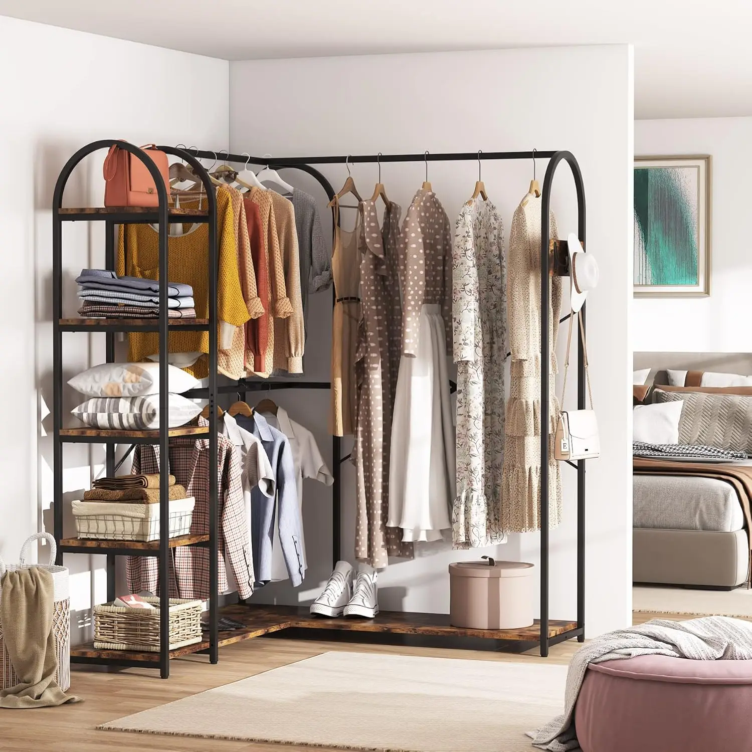 Shape Clothes Rack, Corner Garment Rack with Storage Shelves and Hanging Rods, Space-Saving Large Open Wardrobe Closet for Bedro