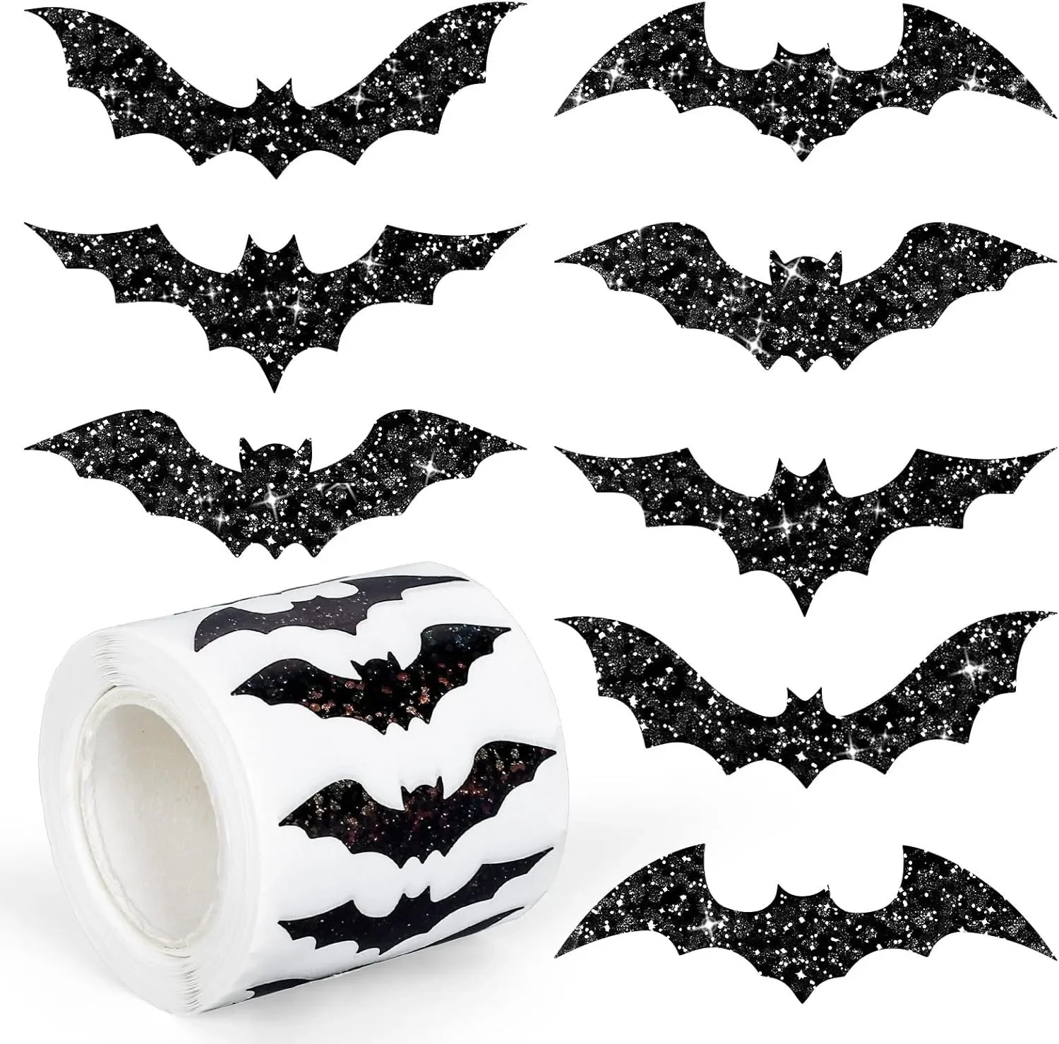 500 Stück Halloween-Fledermaus-Aufkleber, Rolle, Laser, schwarze Fledermaus, wasserdicht, glitzernd, selbstklebende Aufkleber für Halloween-Party – Detail 1