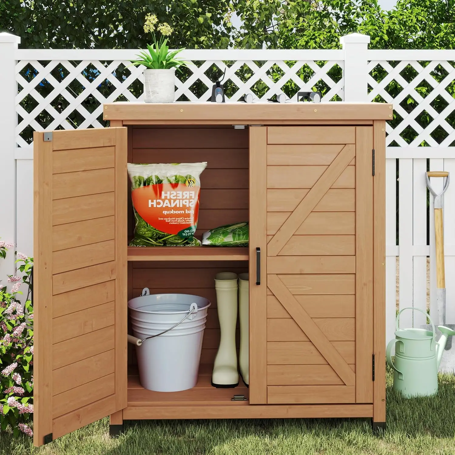 Outdoor Storage Cabinet & Potting Bench with Metal Top, Wooden Patio Furniture, Garden Workstation, 36x31x17in, Customized