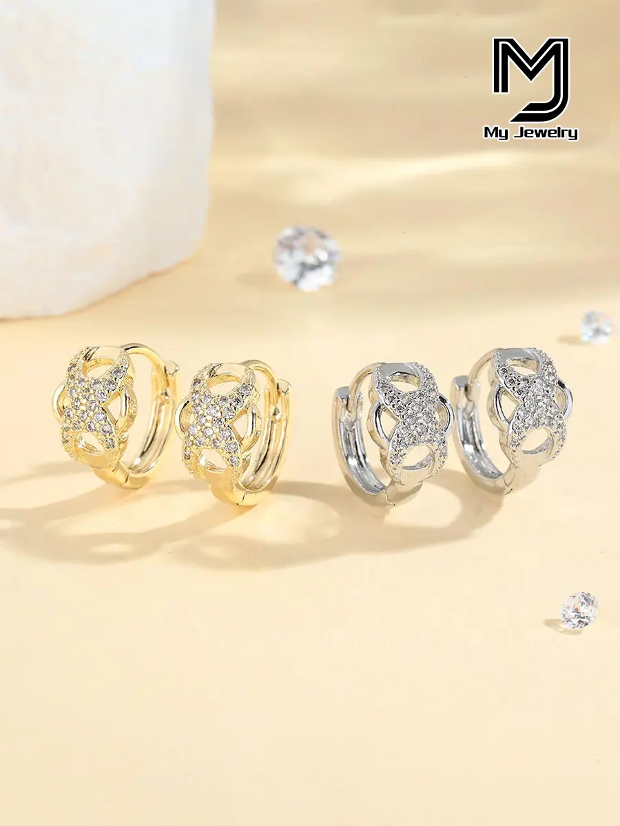 Light Luxury Fashion Minimalist Style Women's Copper Earrings with Zircon Inlay, Wuxi Line Pattern, Gold-Plated Exquisite Hoops