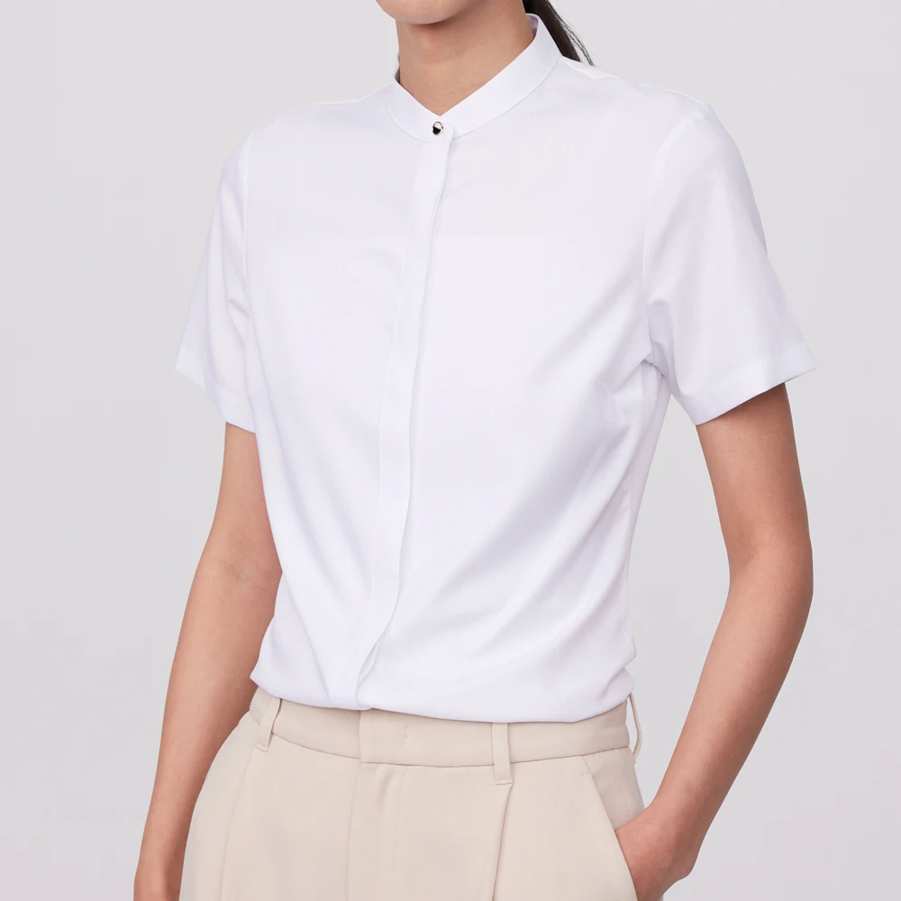 Women's Office Lady Short Sleeve Stand Collar Shirt Without Pocket Hidden Buttons Placket Slim-fit Slight Strech Blouse Shirts