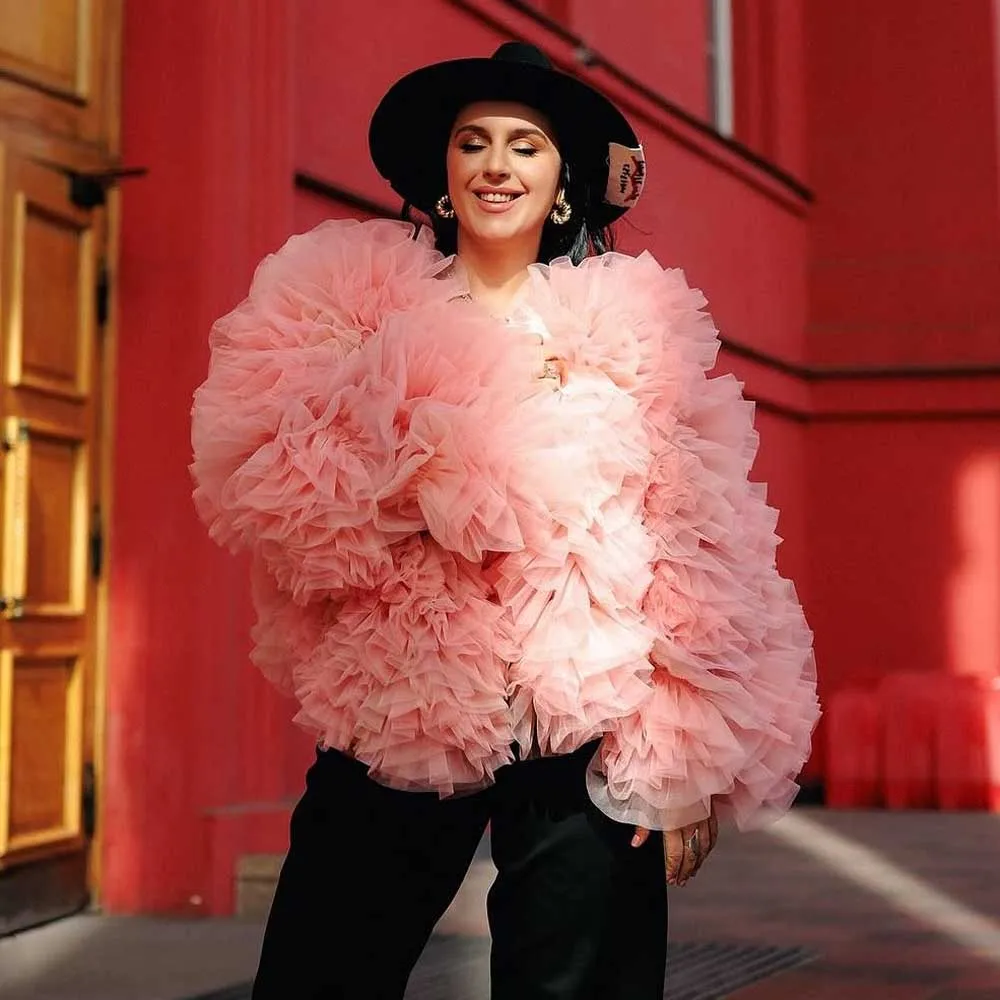 Rosa fofo camadas tule casaco feminino jaqueta curta personalizado em camadas malha babados bonito topo senhoras casaco blusa venda quente adereços casacos