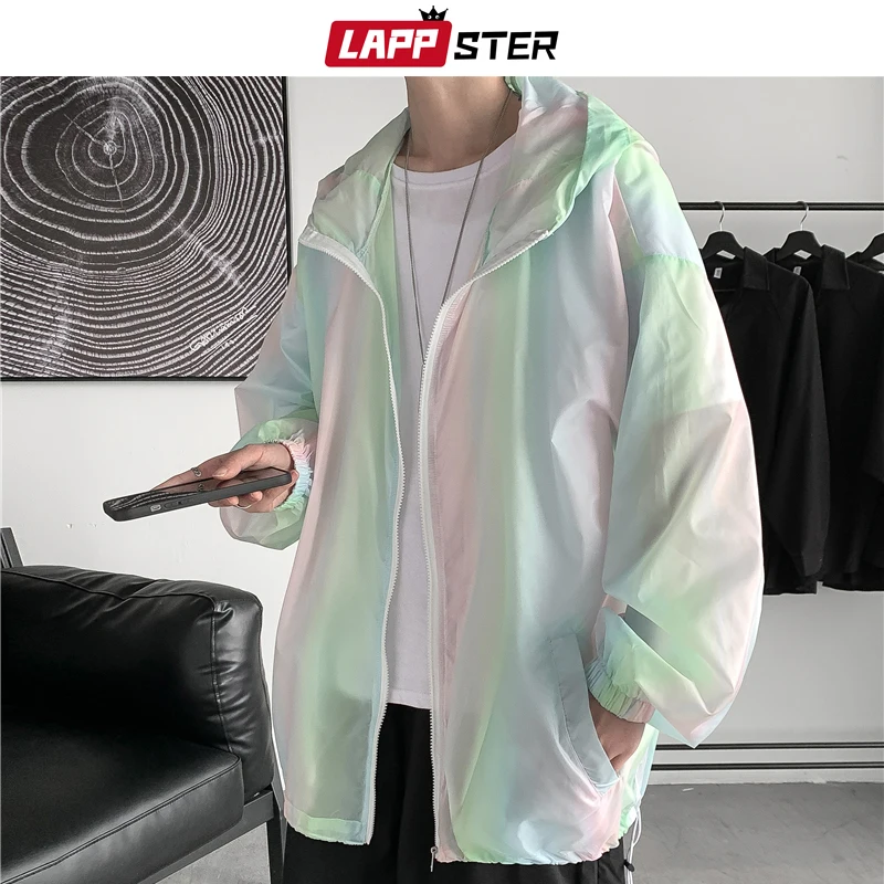 

LAPPSTER Men Light Weight Hooded Jackets Coats 2023 Bomber Jacket Multicolor Sun Protection Windbreaker Harajuku Korean Jacket