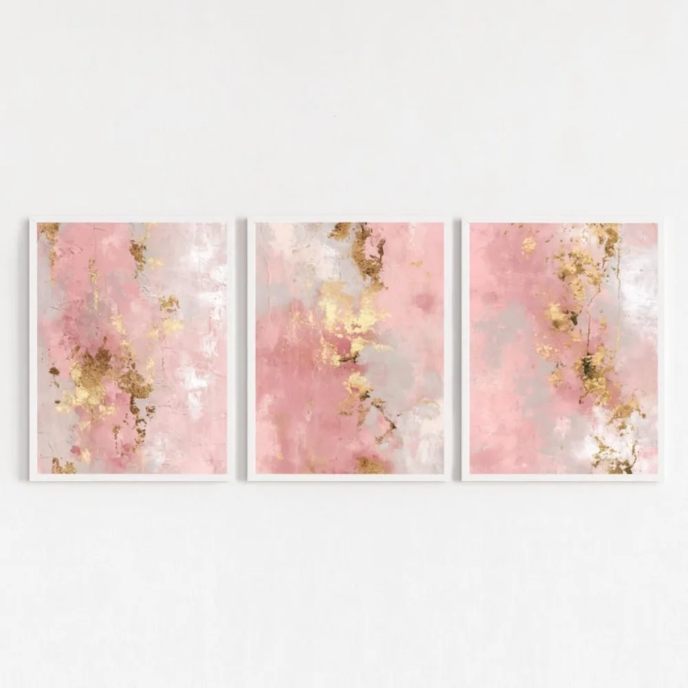 Frameless Pink Gold Abstract Wall,Blush Modern Abstract Watercolor Living Room,Romantic Bohemian Office Digital Download Decor